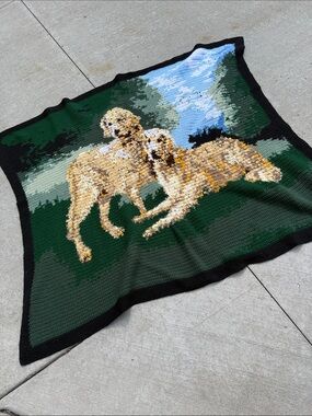 Hand Crafted Golden Dogs Crochet Throw in Green and Black